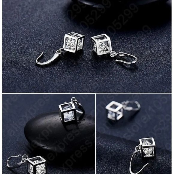925 Sterling Silver Earrings With Necklace Set Bundle Square Gift Minimalist - Picture 5 of 8